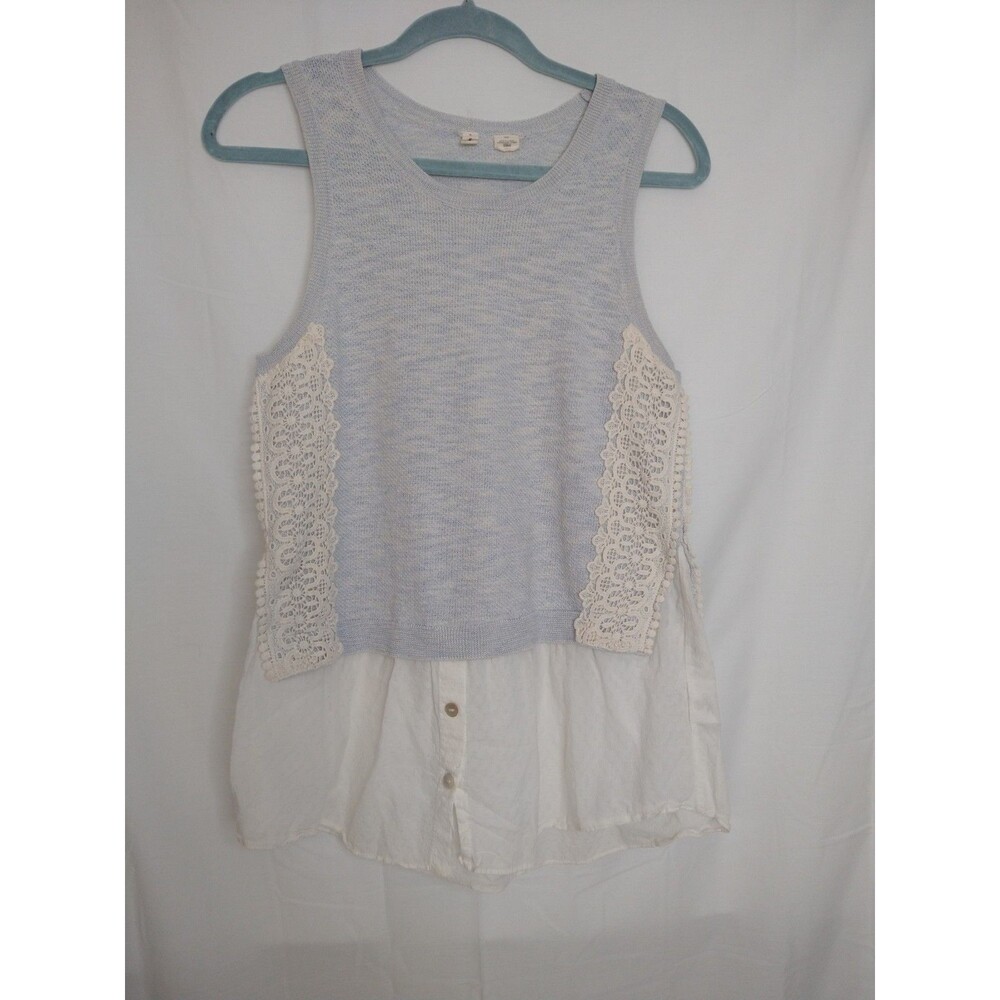 MOTH sz M Blue/Gray Ivory Knit Sleeveless mixed fabric Blouse crochet boho lace